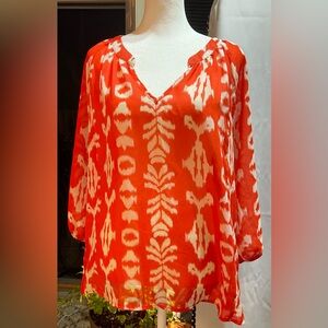 Gap Women's Orange White Ikat Print Split Neck 3/4 Sleeve Blouse Size Lg